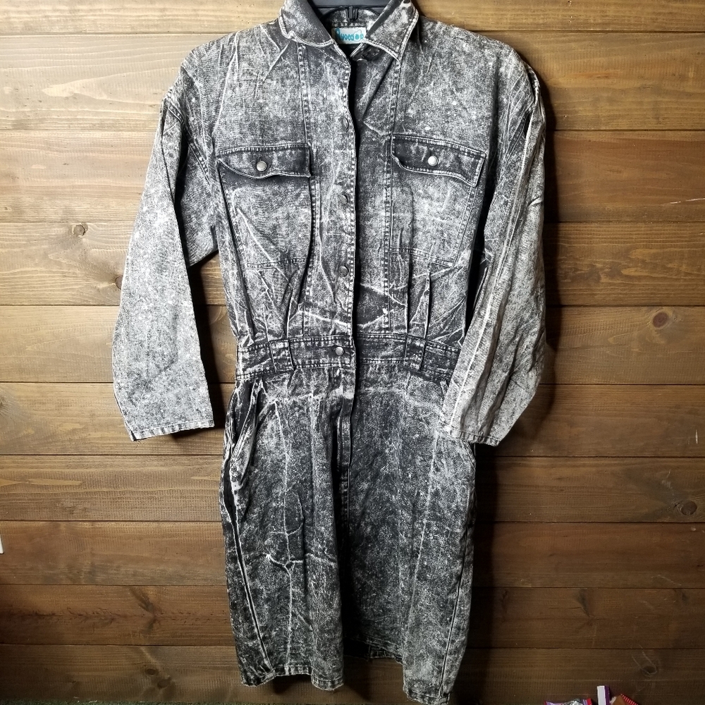 Vtg 80s Avocado Acid Washed Grunge Goth Black Denim Dress Sz M